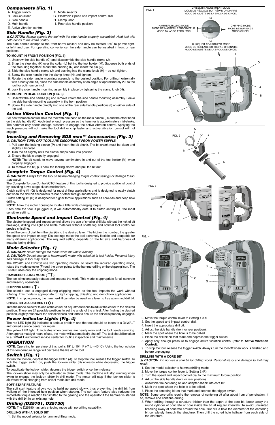 Components (fig. 1), Side handle (fig. 3), Active vibration control (fig. 1) | Complete torque control (fig. 4), Electronic speed and impact control (fig. 4), Mode selector (fig. 1), Power indicator lights (fig. 4), Operation, Switch (fig. 1) | DeWalt DS max 488039-00 User Manual | Page 2 / 7