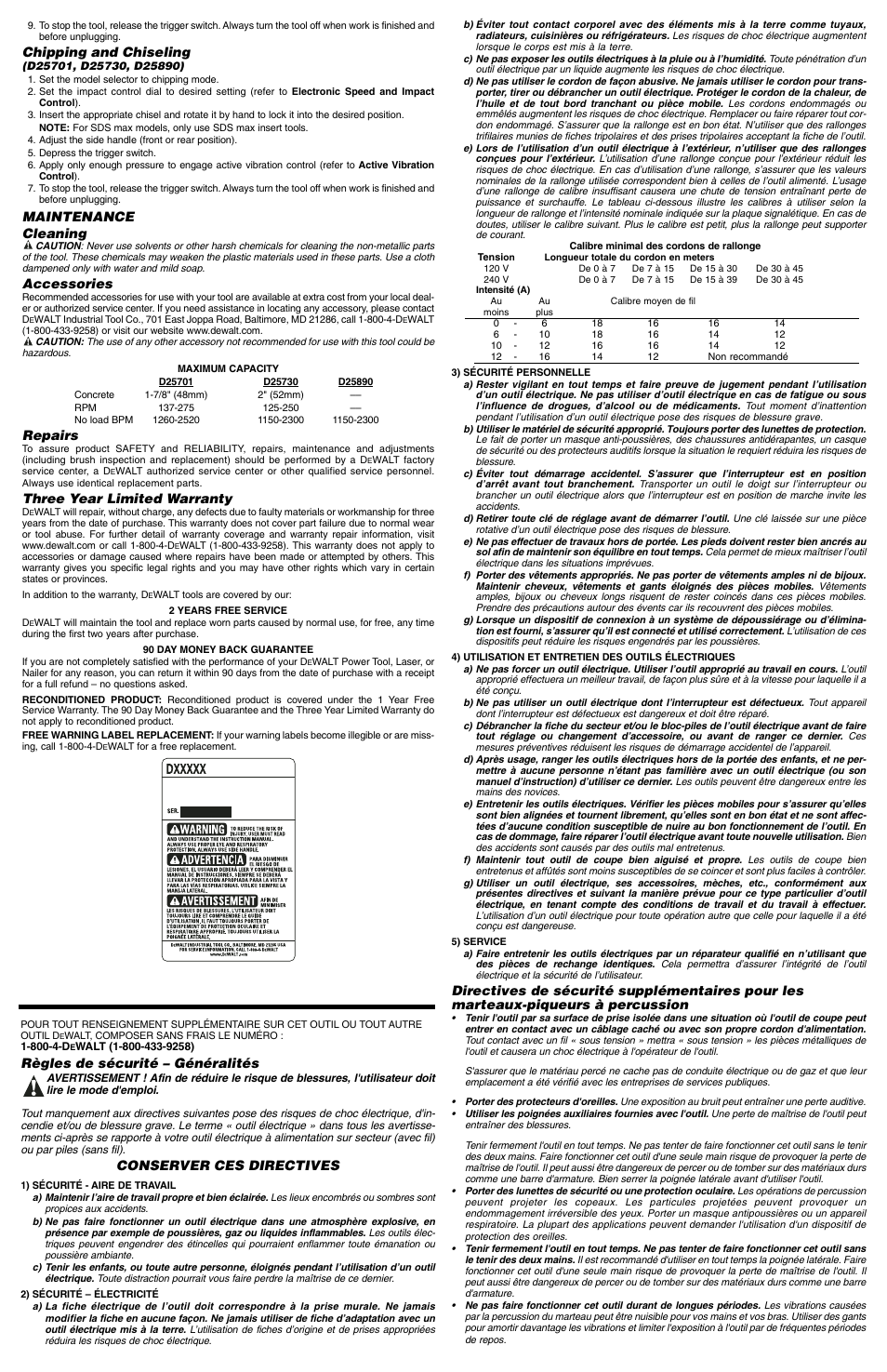 Chipping and chiseling, Maintenance cleaning, Accessories | Repairs, Three year limited warranty, Règles de sécurité – généralités, Conserver ces directives | DeWalt DS max 488039-00 User Manual | Page 3 / 7