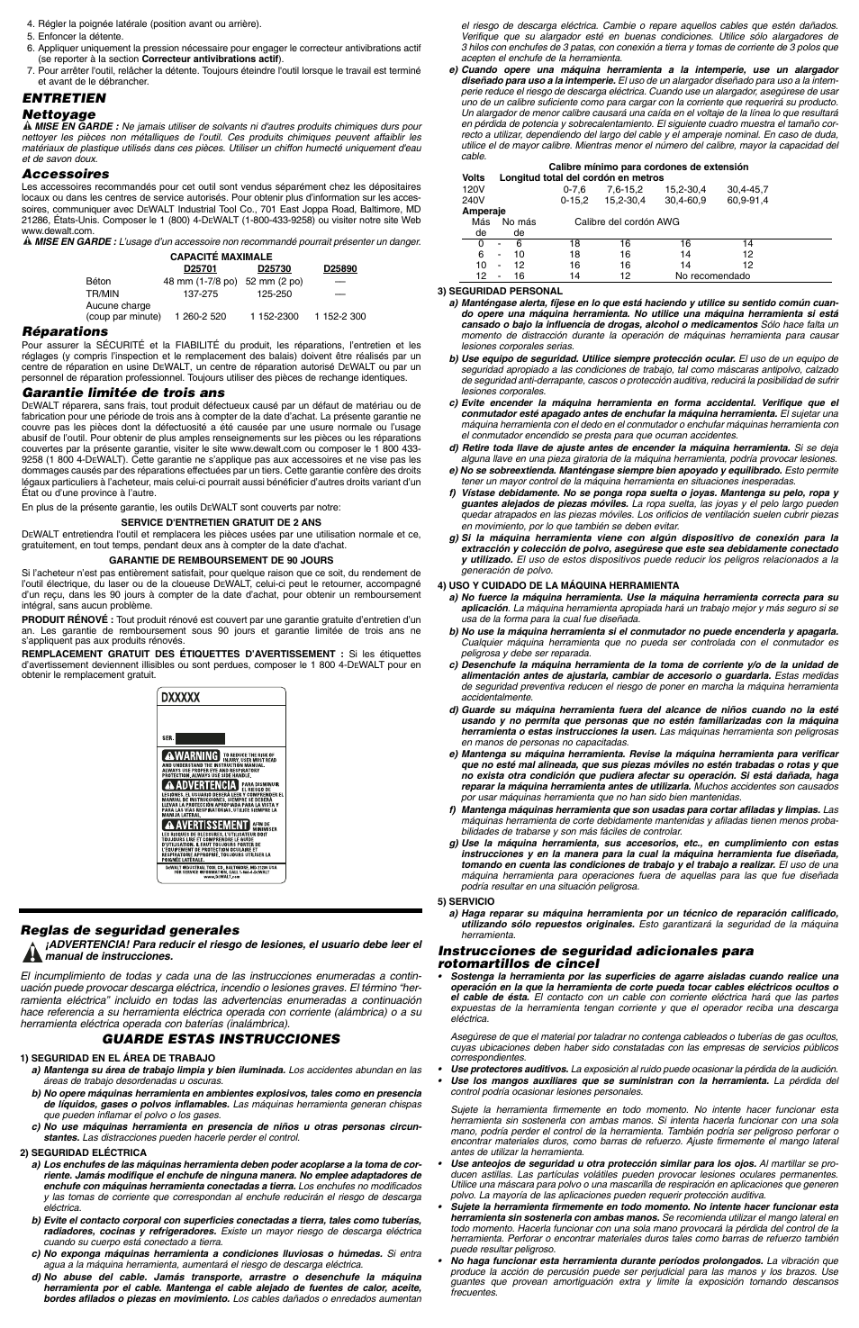 Entretien nettoyage, Accessoires, Réparations | Garantie limitée de trois ans, Reglas de seguridad generales, Guarde estas instrucciones | DeWalt DS max 488039-00 User Manual | Page 5 / 7