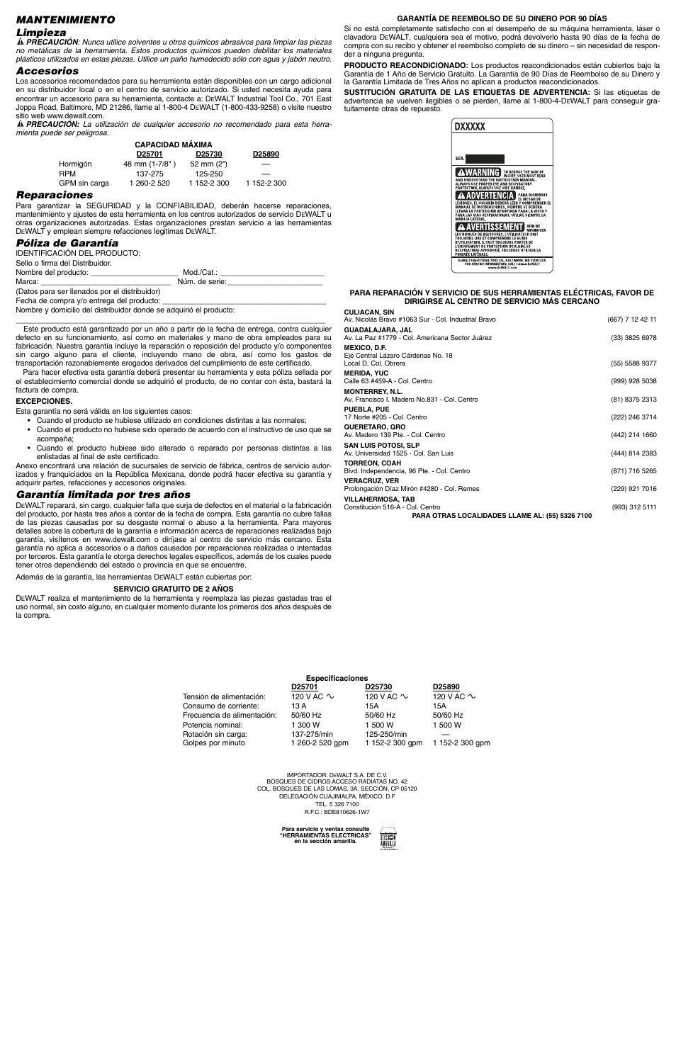 Mantenimiento limpieza, Accesorios, Reparaciones | Póliza de garantía, Garantía limitada por tres años | DeWalt DS max 488039-00 User Manual | Page 7 / 7