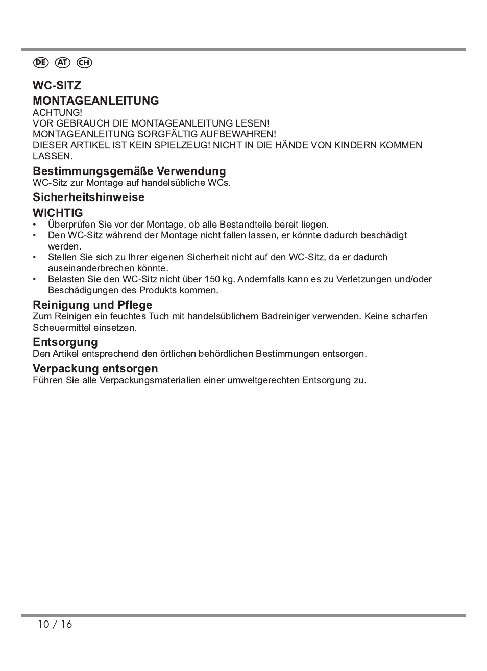 Wc-sitz montageanleitung, Bestimmungsgemäße verwendung, Sicherheitshinweise wichtig | Reinigung und pflege, Entsorgung, Verpackung entsorgen | Miomare Toilet Seat User Manual | Page 10 / 16