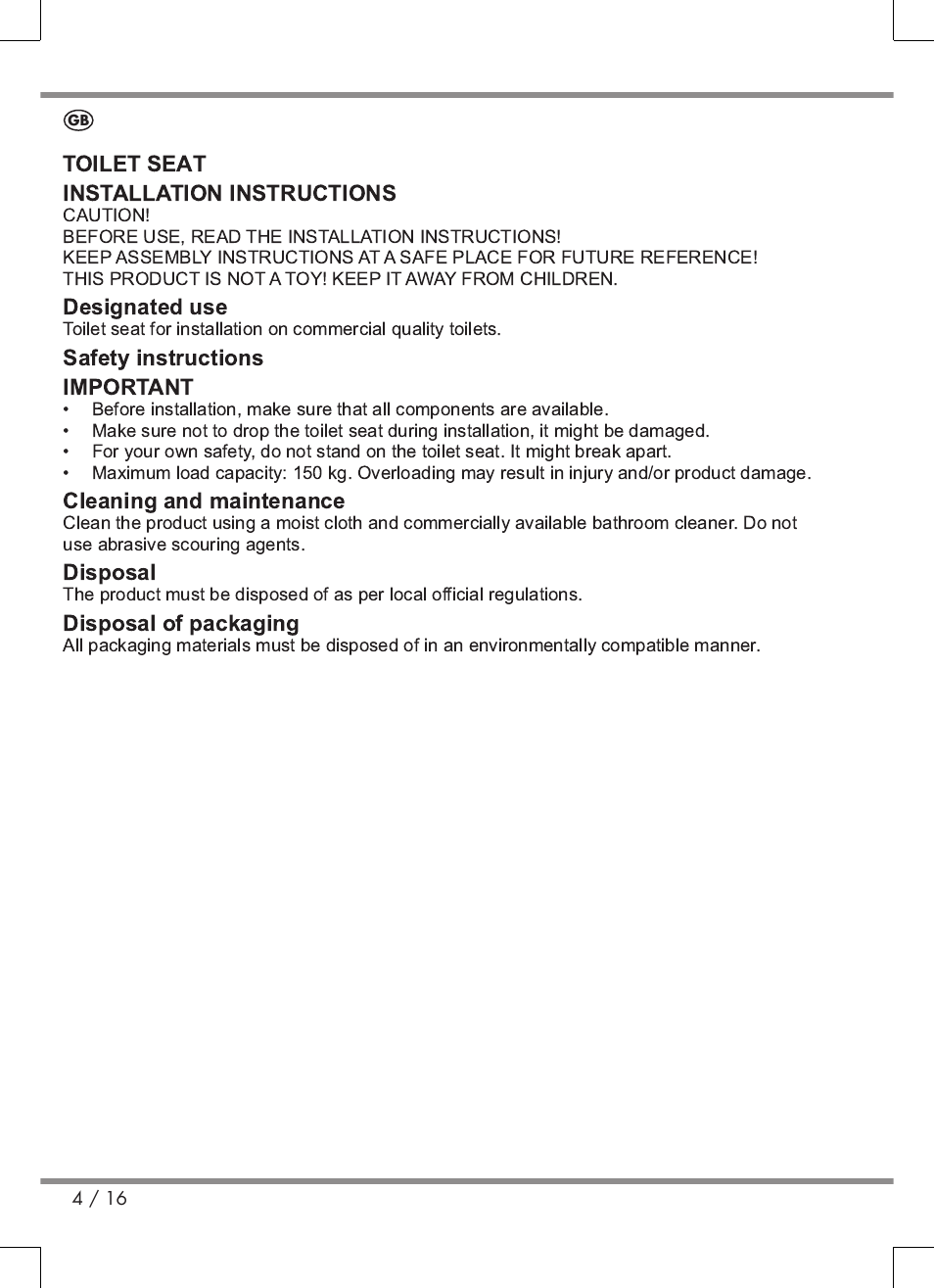 Toilet seat installation instructions, Designated use, Safety instructions important | Cleaning and maintenance, Disposal, Disposal of packaging | Miomare Toilet Seat User Manual | Page 4 / 16