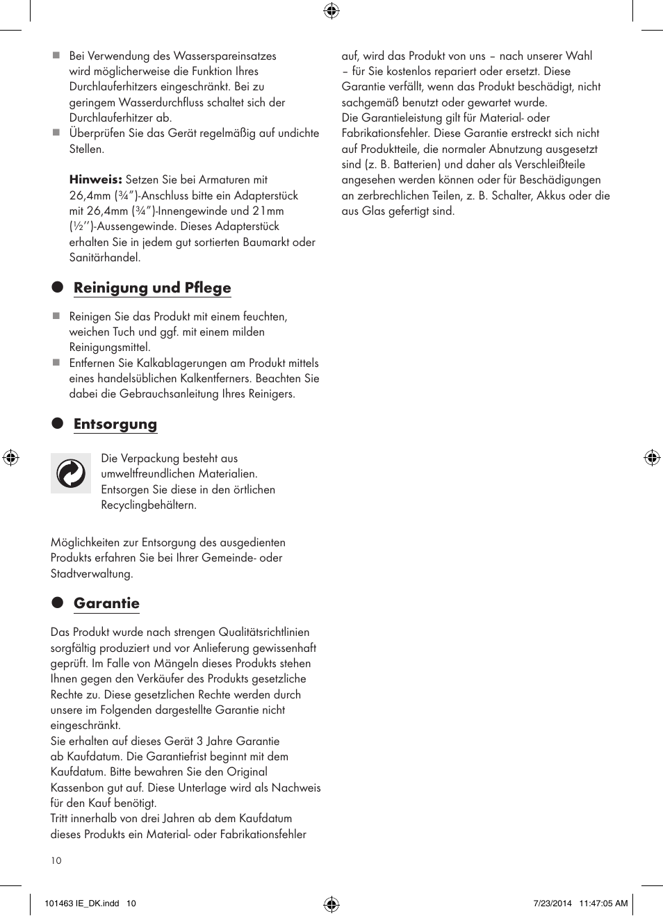 Z reinigung und pflege, Z entsorgung, Z garantie | Miomare 101463-14-01/ 101463-14-02 User Manual | Page 10 / 11