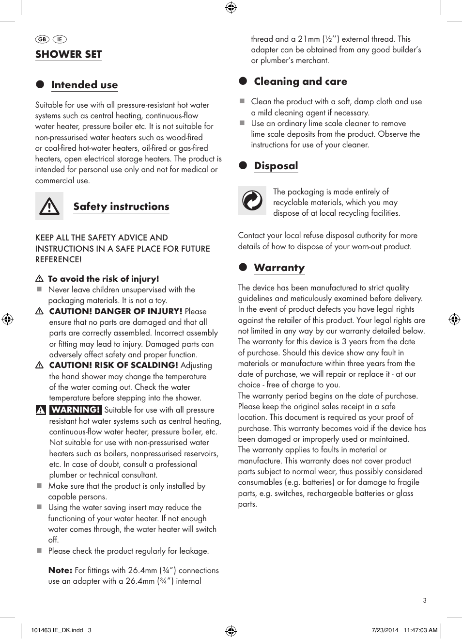 Shower set z intended use, Safety instructions, Z cleaning and care | Z disposal, Z warranty | Miomare 101463-14-01/ 101463-14-02 User Manual | Page 3 / 11