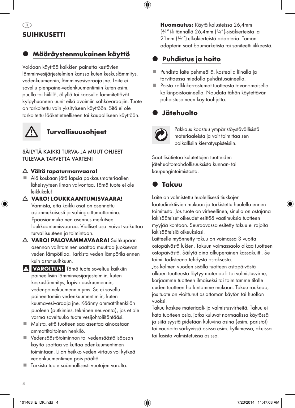 Suihkusetti z määräystenmukainen käyttö, Turvallisuusohjeet, Z puhdistus ja hoito | Z jätehuolto, Z takuu | Miomare 101463-14-01/ 101463-14-02 User Manual | Page 4 / 11