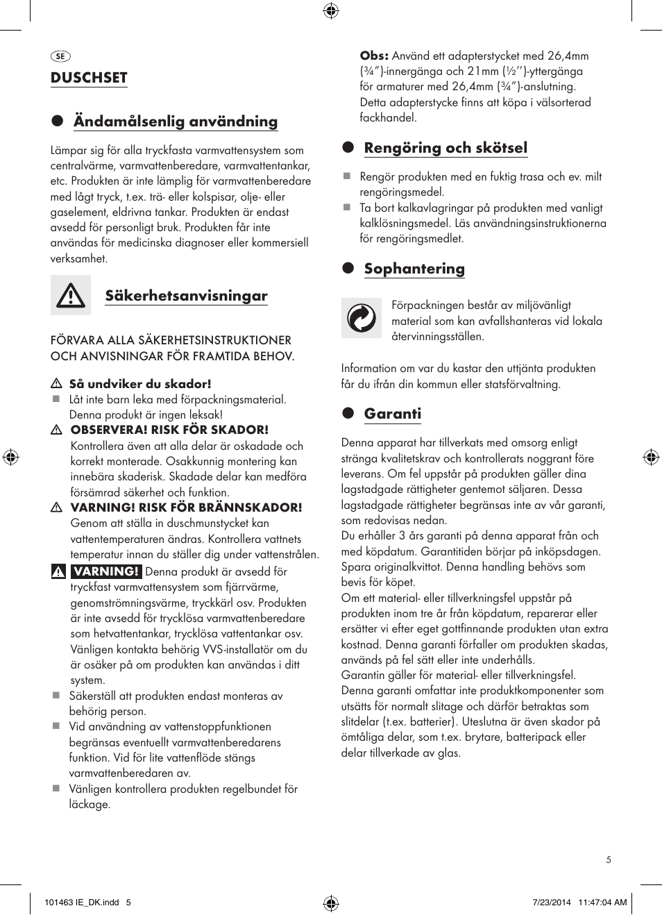 Duschset z ändamålsenlig användning, Säkerhetsanvisningar, Z rengöring och skötsel | Z sophantering, Z garanti | Miomare 101463-14-01/ 101463-14-02 User Manual | Page 5 / 11