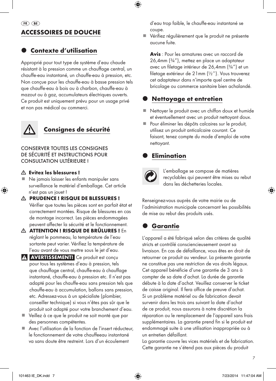Accessoires de douche z contexte d’utilisation, Consignes de sécurité, Z nettoyage et entretien | Z elimination, Z garantie | Miomare 101463-14-01/ 101463-14-02 User Manual | Page 7 / 11
