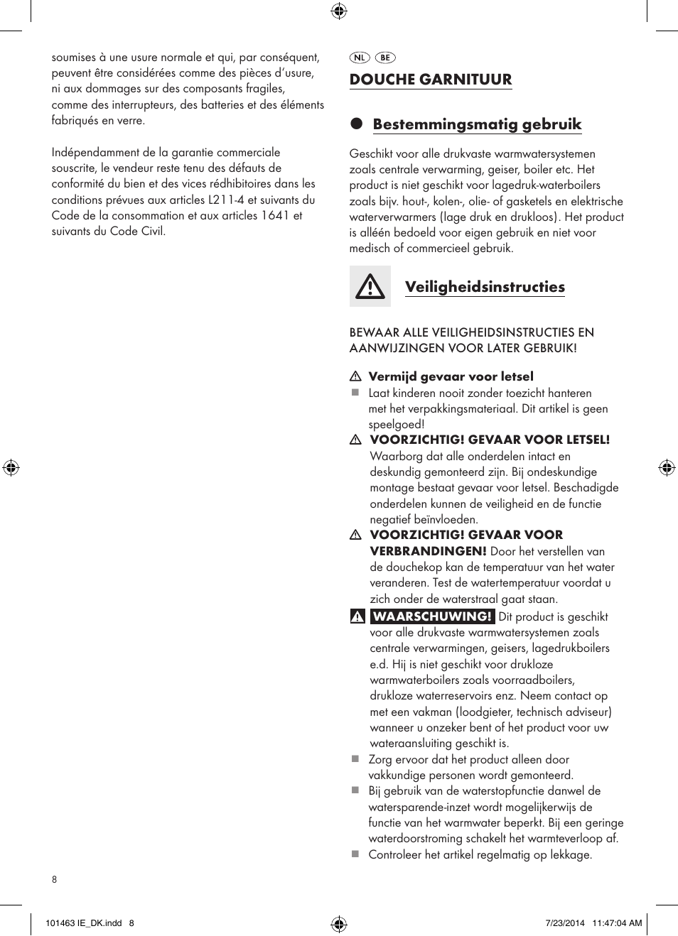 Douche garnituur z bestemmingsmatig gebruik, Veiligheidsinstructies | Miomare 101463-14-01/ 101463-14-02 User Manual | Page 8 / 11