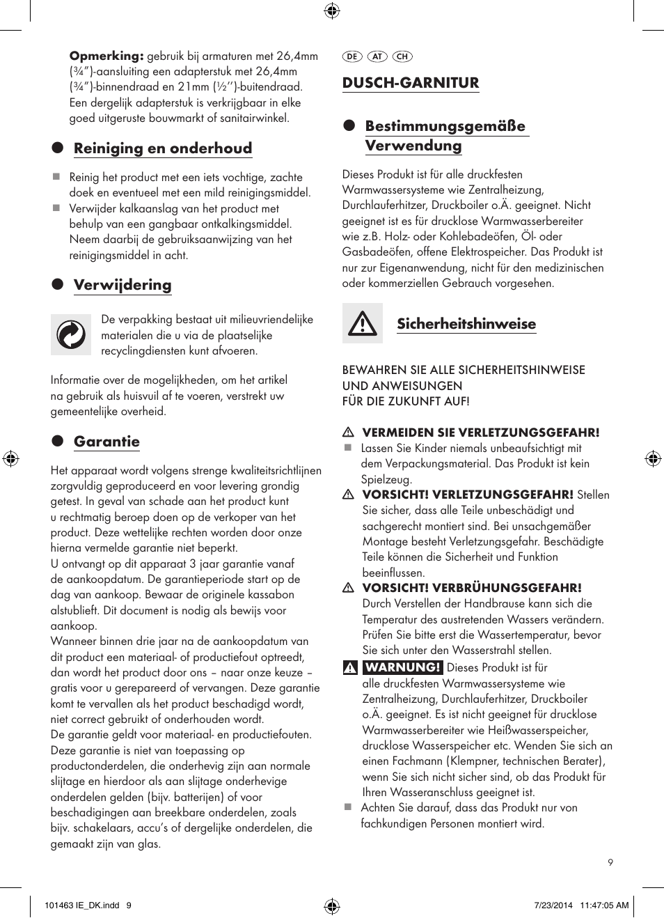 Douche garnituur z bestemmingsmatig gebruik, Veiligheidsinstructies, Dusch-garnitur z bestimmungsgemäße verwendung | Sicherheitshinweise, Z reiniging en onderhoud, Z verwijdering, Z garantie | Miomare 101463-14-01/ 101463-14-02 User Manual | Page 9 / 11