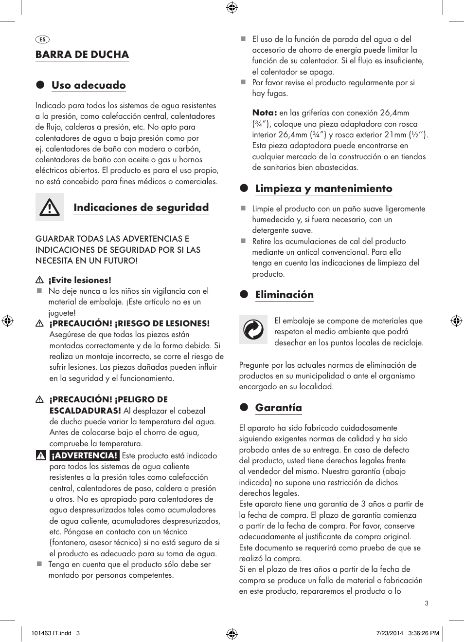 Barra de ducha z uso adecuado, Indicaciones de seguridad, Z limpieza y mantenimiento | Z eliminación, Z garantía | Miomare 101463-14-01/ 101463-14-02 User Manual | Page 3 / 10