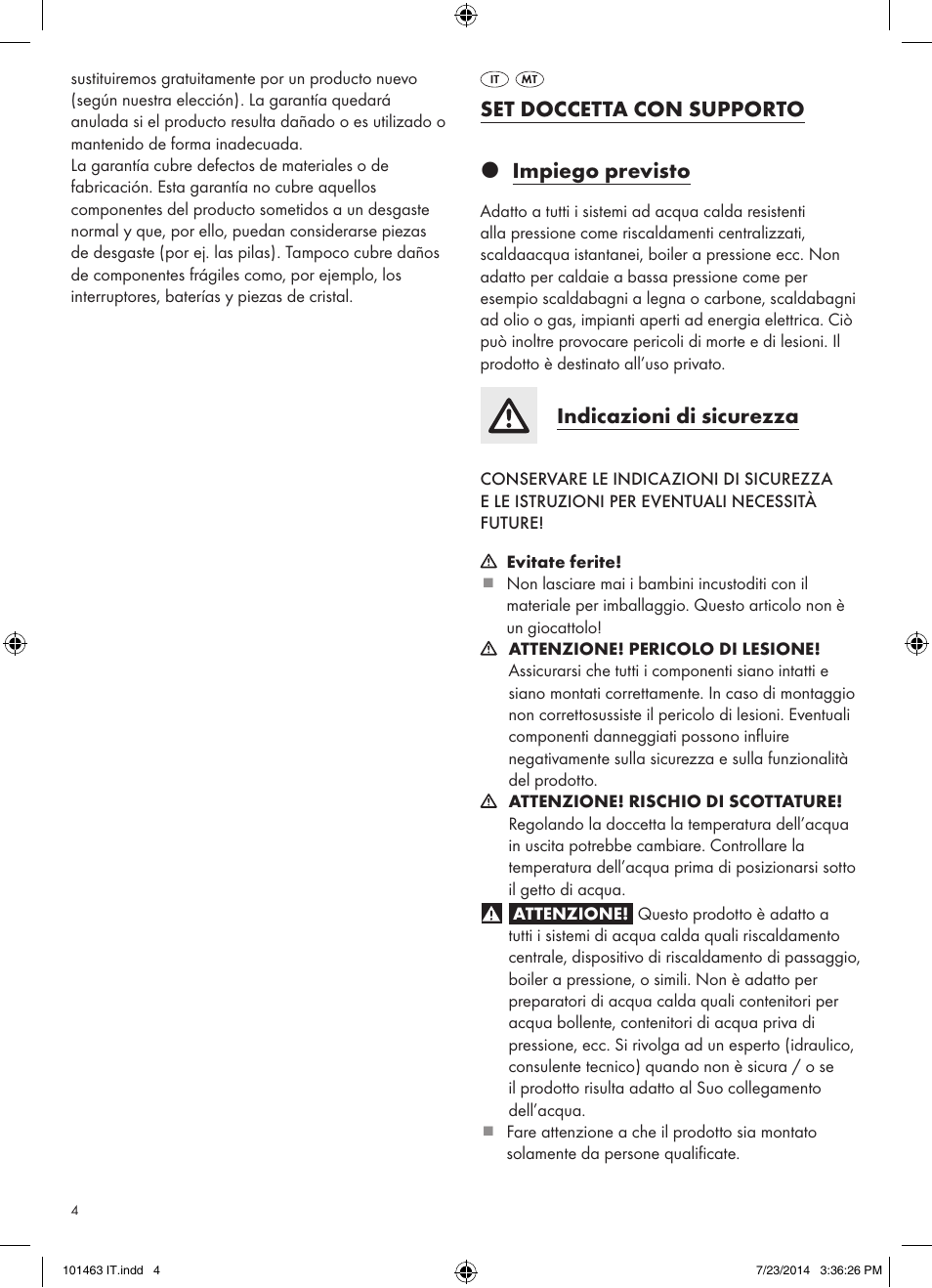 Set doccetta con supporto z impiego previsto, Indicazioni di sicurezza | Miomare 101463-14-01/ 101463-14-02 User Manual | Page 4 / 10