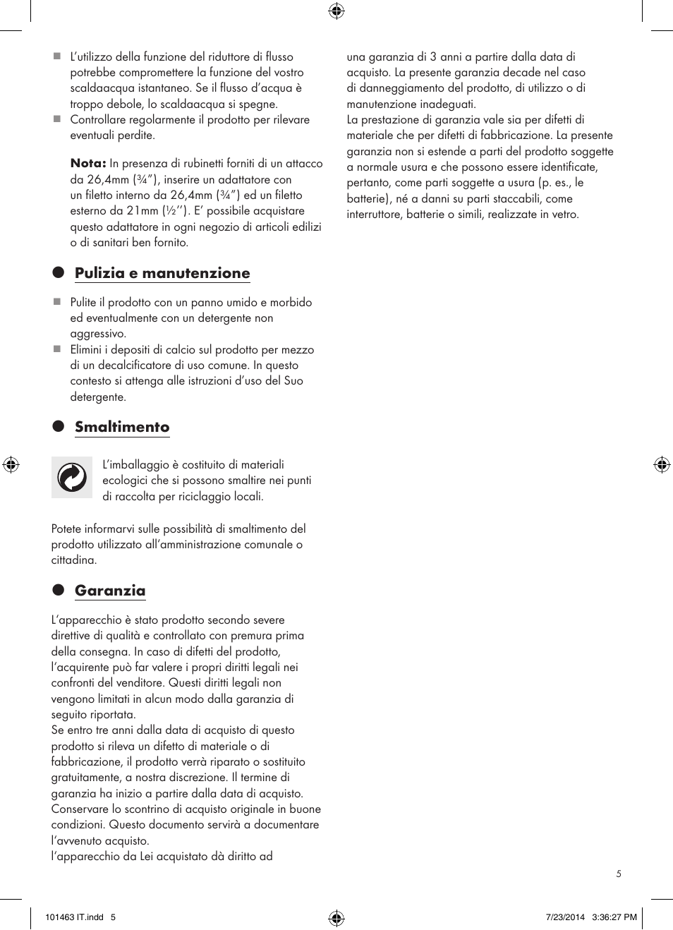 Z pulizia e manutenzione, Z smaltimento, Z garanzia | Miomare 101463-14-01/ 101463-14-02 User Manual | Page 5 / 10