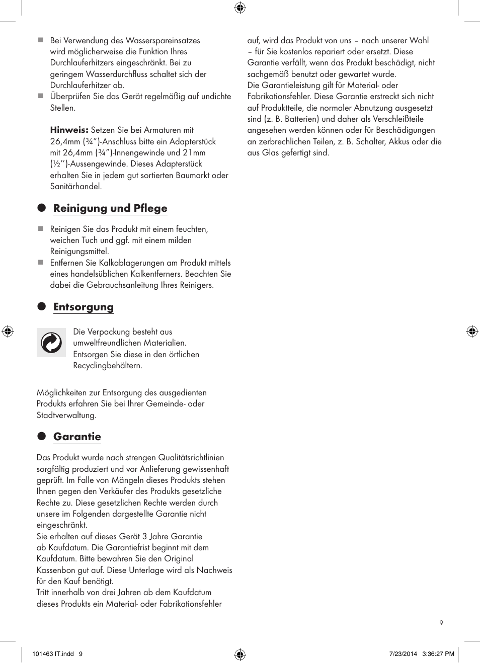 Z reinigung und pflege, Z entsorgung, Z garantie | Miomare 101463-14-01/ 101463-14-02 User Manual | Page 9 / 10