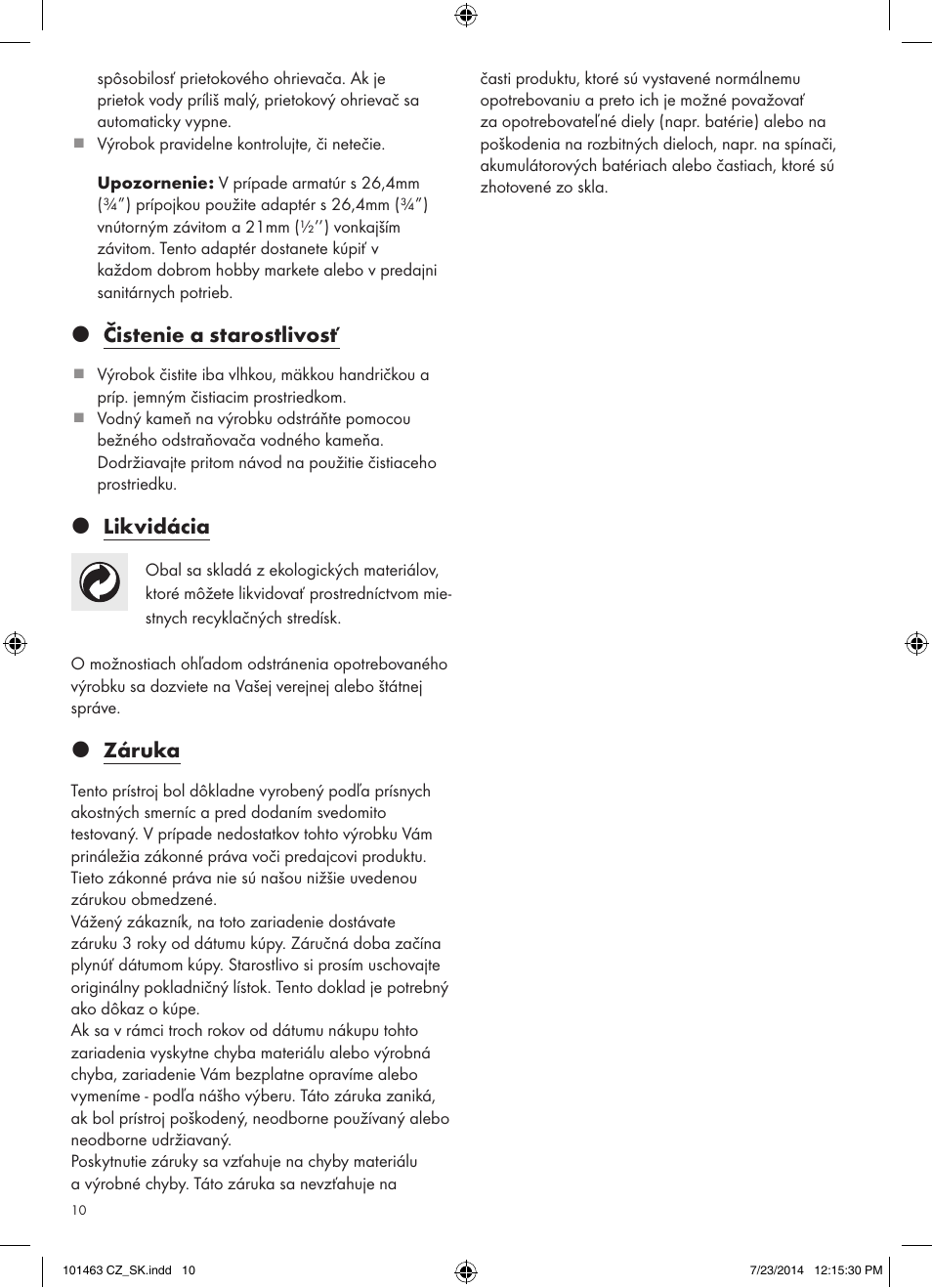 Z čistenie a starostlivosť, Z likvidácia, Z záruka | Miomare 101463-14-01/ 101463-14-02 User Manual | Page 10 / 13