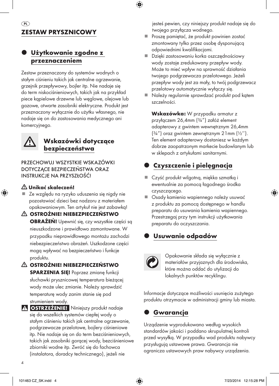 Wskazówki dotyczące bezpieczeństwa, Z czyszczenie i pielęgnacja, Z usuwanie odpadów | Z gwarancja | Miomare 101463-14-01/ 101463-14-02 User Manual | Page 4 / 13