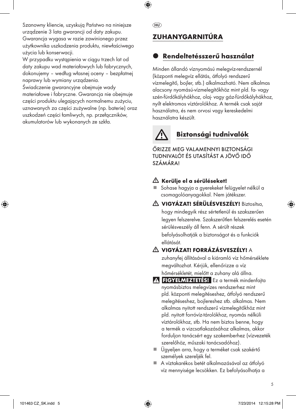 Zuhanygarnitúra z rendeltetésszerű használat, Biztonsági tudnivalók | Miomare 101463-14-01/ 101463-14-02 User Manual | Page 5 / 13