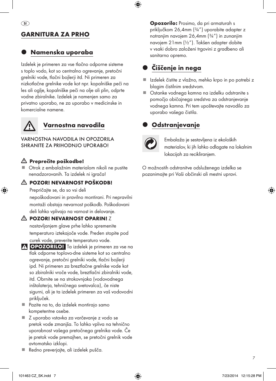 Z čiščenje in nega, Z odstranjevanje, Garnitura za prho z namenska uporaba | Varnostna navodila | Miomare 101463-14-01/ 101463-14-02 User Manual | Page 7 / 13