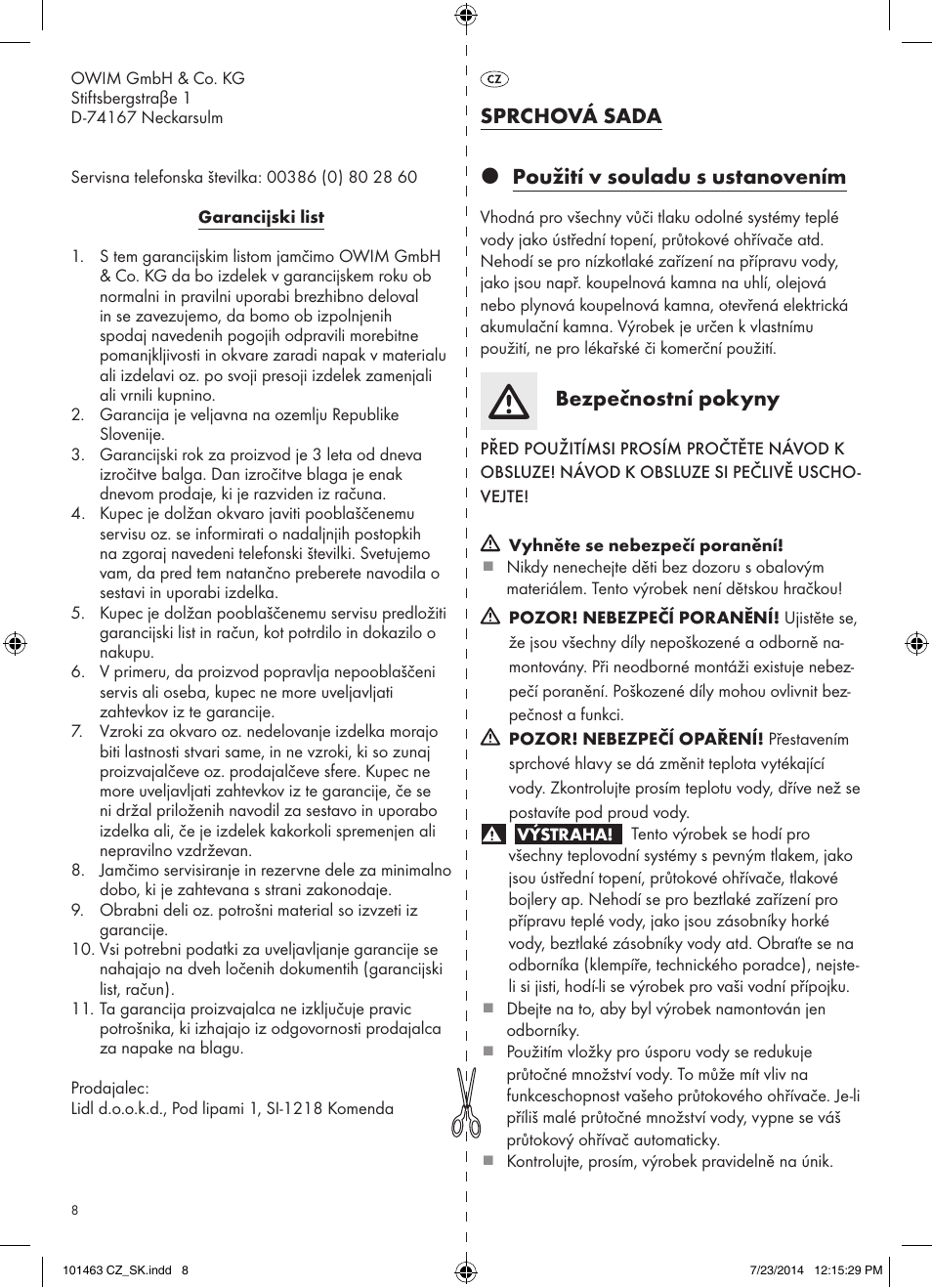 Sprchová sada z použití v souladu s ustanovením, Bezpečnostní pokyny | Miomare 101463-14-01/ 101463-14-02 User Manual | Page 8 / 13
