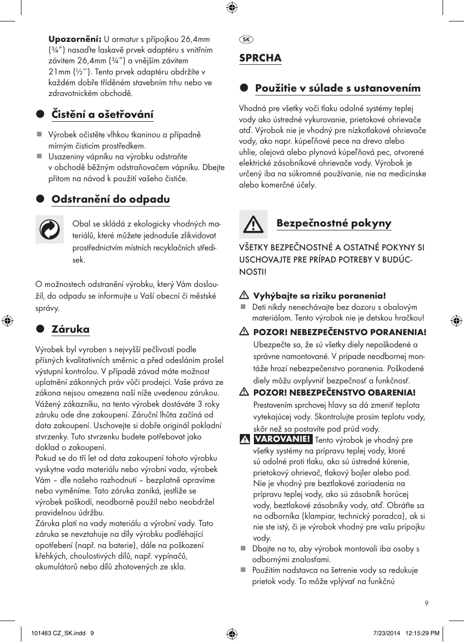 Z čistění a ošetřování, Z odstranění do odpadu, Z záruka | Sprcha z použitie v súlade s ustanovením, Bezpečnostné pokyny | Miomare 101463-14-01/ 101463-14-02 User Manual | Page 9 / 13