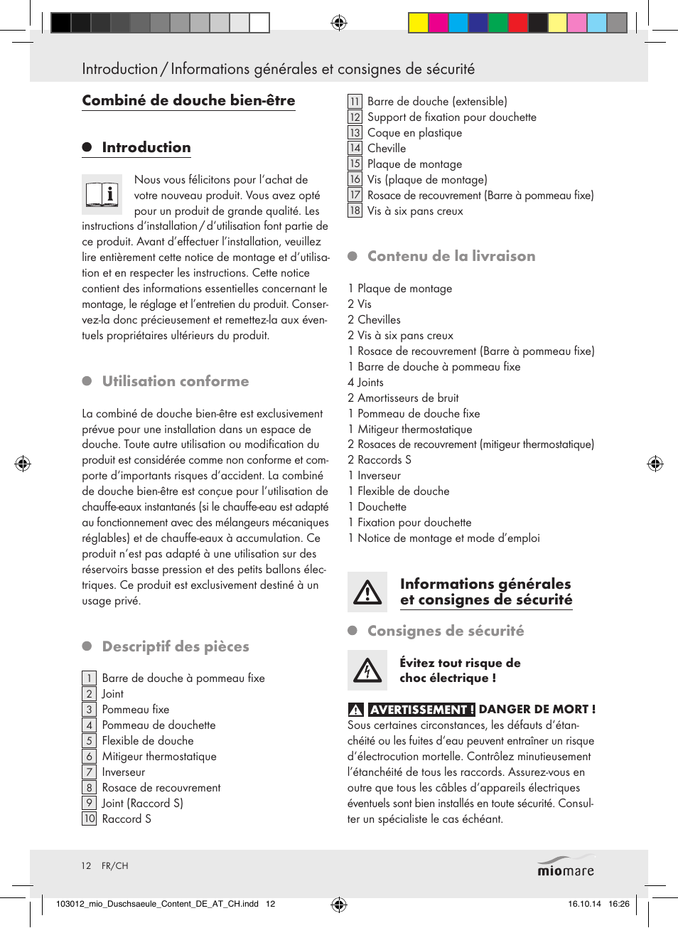 Combiné de douche bien-être introduction, Utilisation conforme, Descriptif des pièces | Contenu de la livraison | Miomare Mixer Shower User Manual | Page 12 / 29