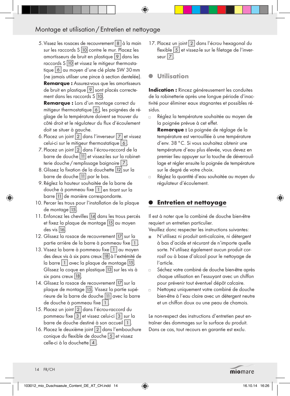 Utilisation, Entretien et nettoyage | Miomare Mixer Shower User Manual | Page 14 / 29