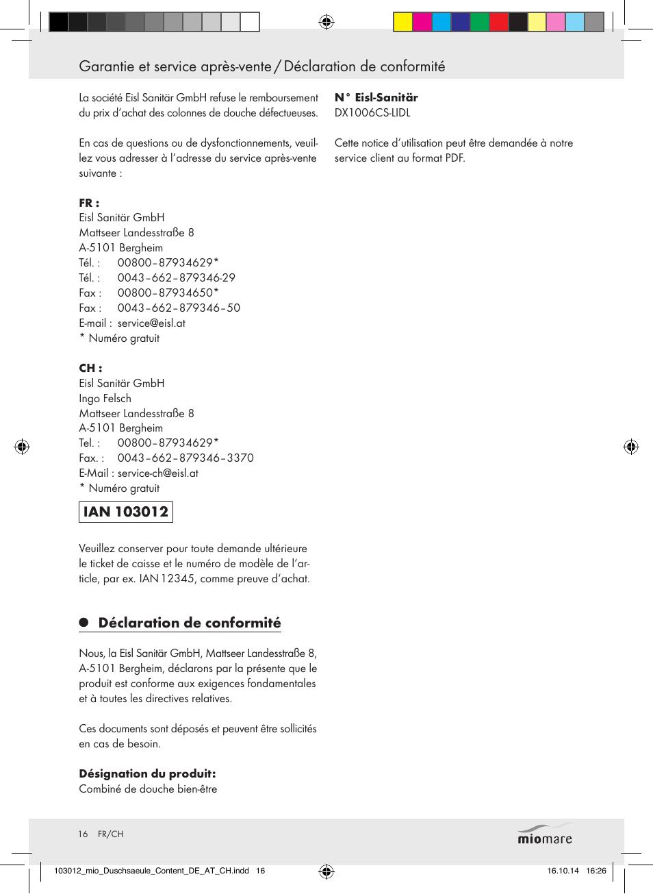 Indice, Déclaration de conformité | Miomare Mixer Shower User Manual | Page 16 / 29