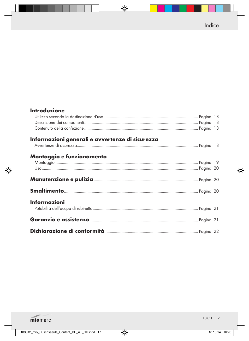 Indice | Miomare Mixer Shower User Manual | Page 17 / 29