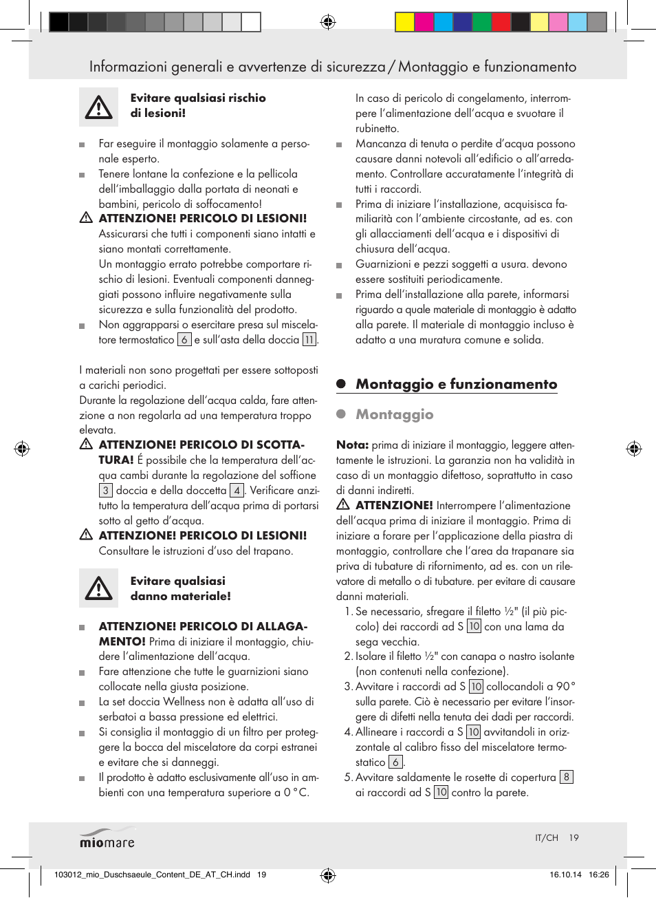 Montaggio e funzionamento montaggio | Miomare Mixer Shower User Manual | Page 19 / 29