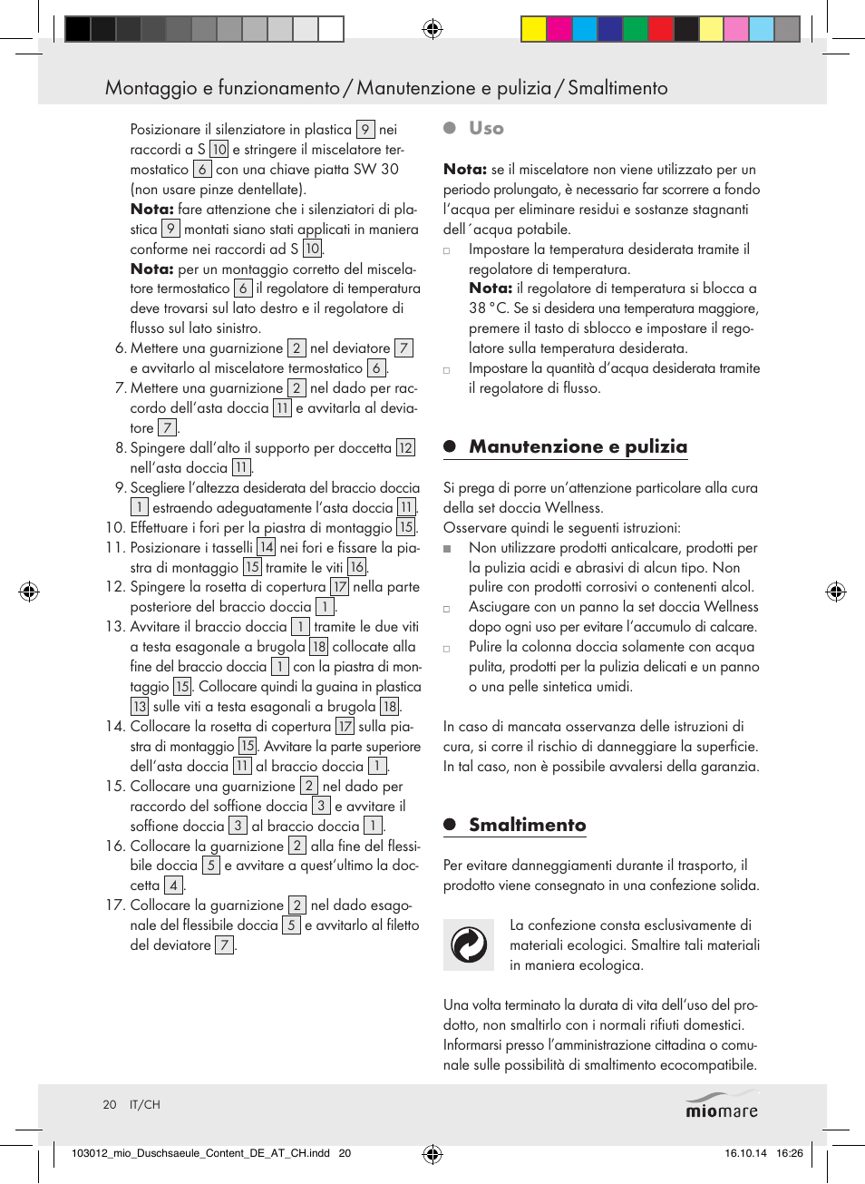 Manutenzione e pulizia, Smaltimento | Miomare Mixer Shower User Manual | Page 20 / 29