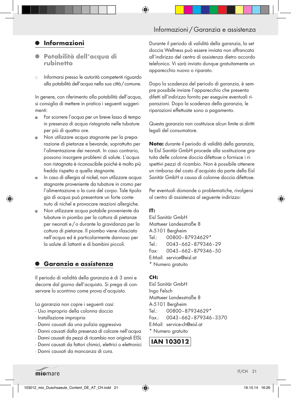 Informazioni potabilità dell‘acqua di rubinetto, Garanzia e assistenza | Miomare Mixer Shower User Manual | Page 21 / 29