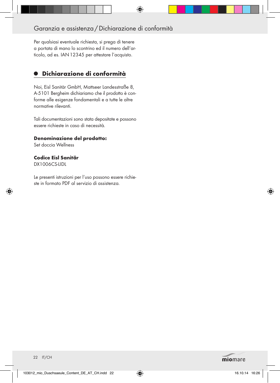 Miomare Mixer Shower User Manual | Page 22 / 29