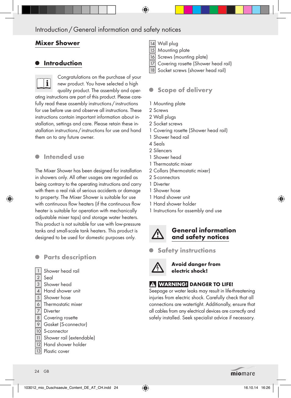Mixer shower introduction, Intended use, Parts description | Scope of delivery | Miomare Mixer Shower User Manual | Page 24 / 29