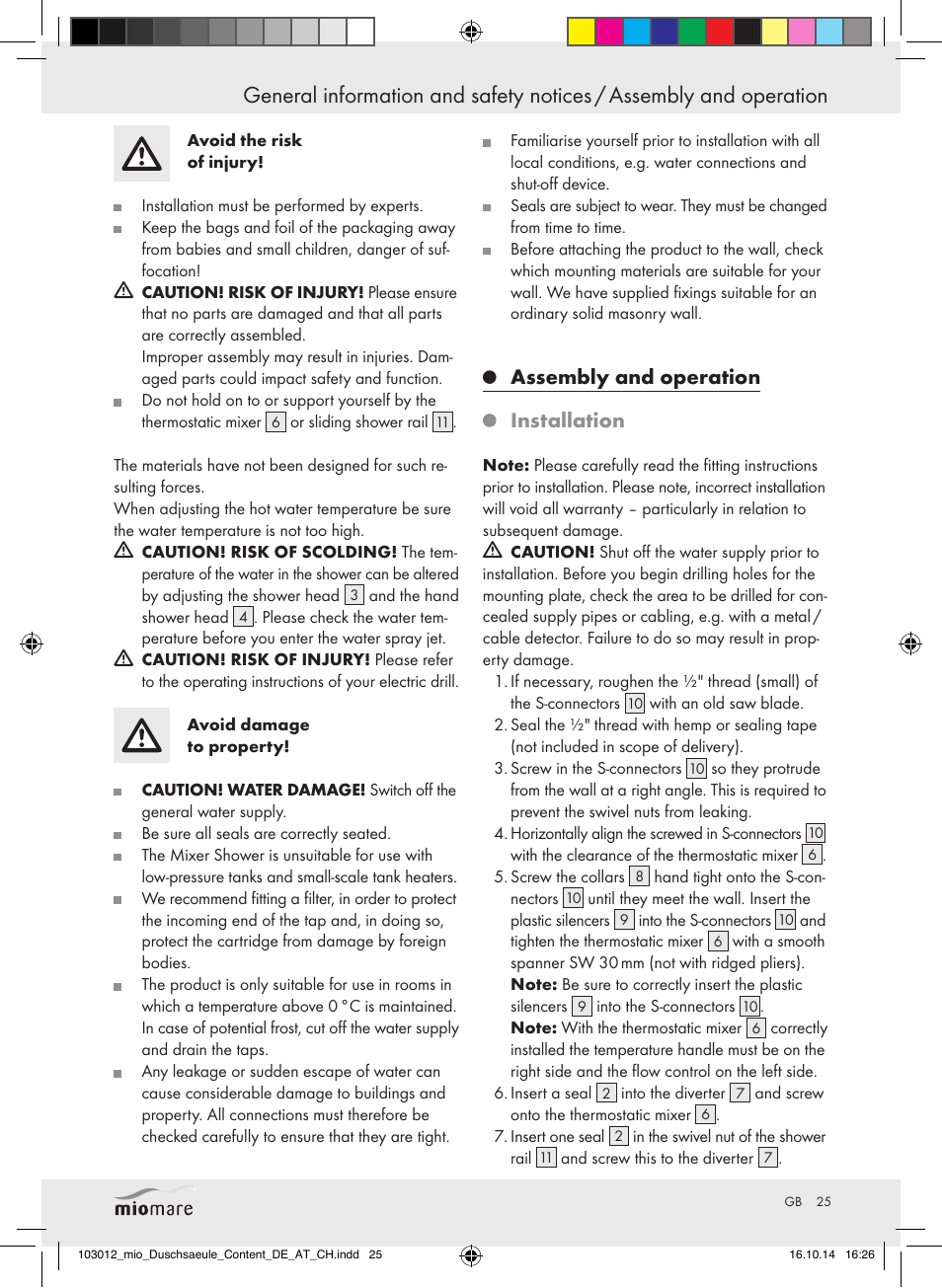 Assembly and operation installation | Miomare Mixer Shower User Manual | Page 25 / 29