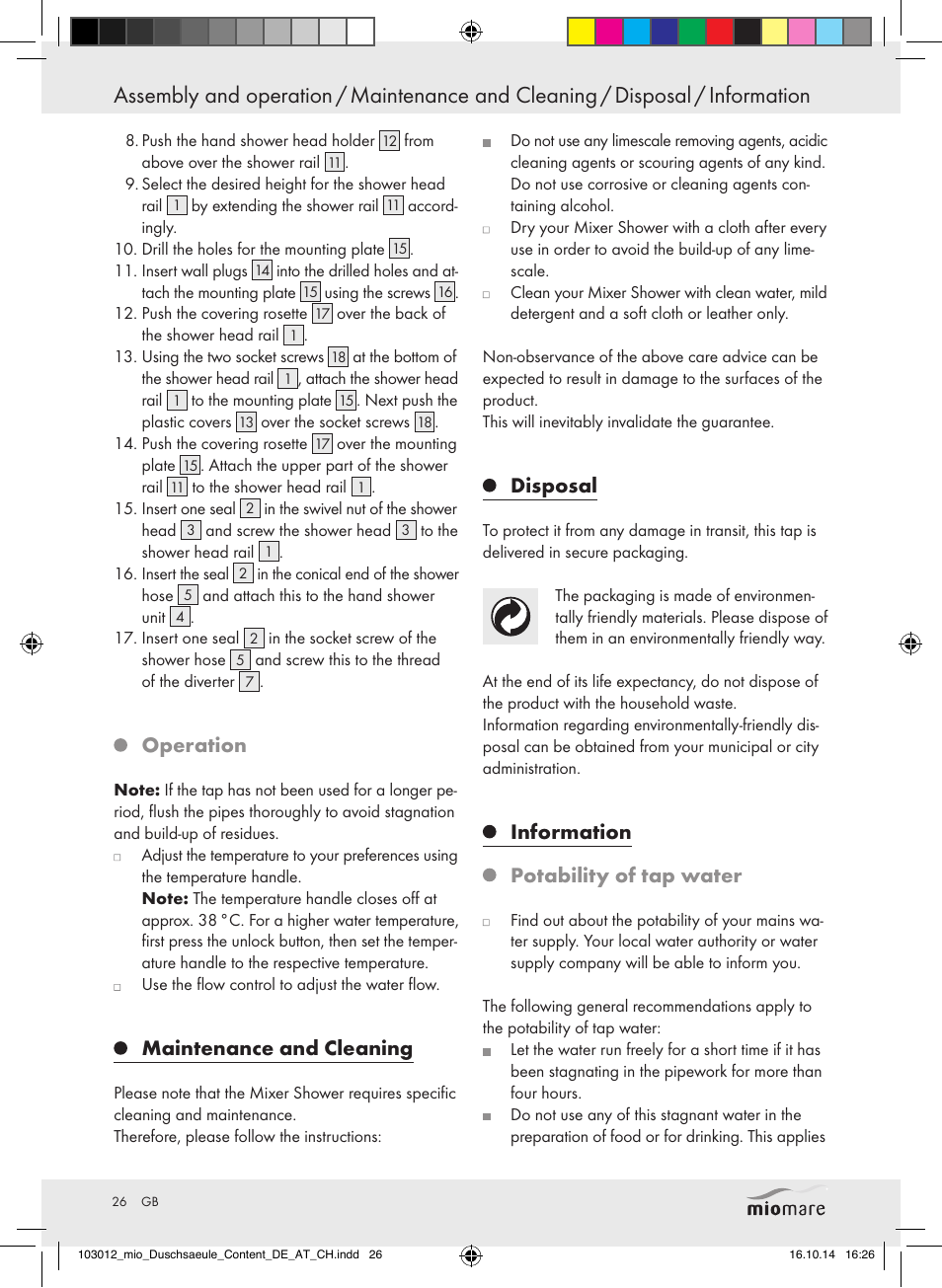 Operation, Maintenance and cleaning, Disposal | Information potability of tap water | Miomare Mixer Shower User Manual | Page 26 / 29