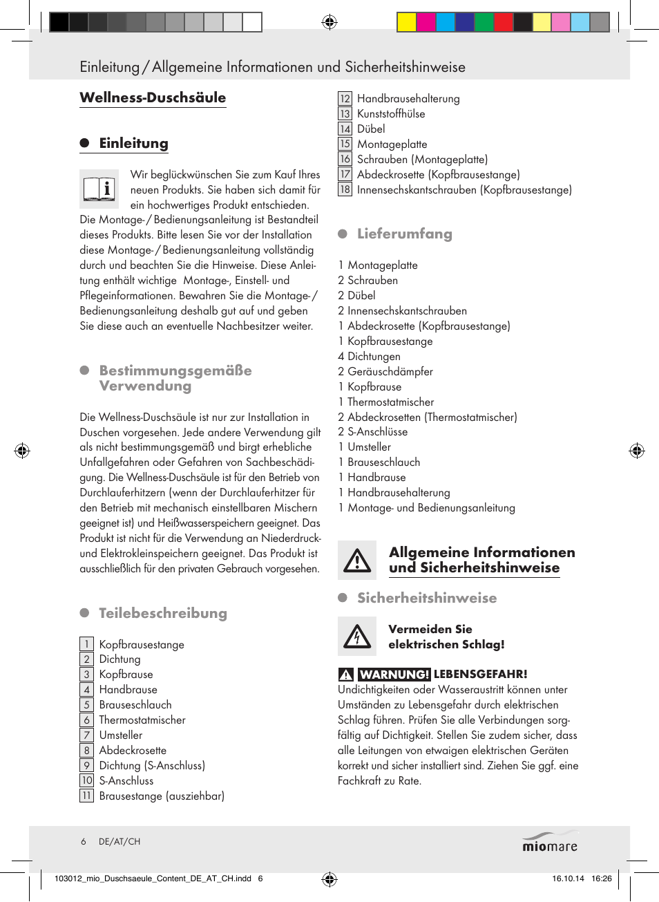 Wellness-duschsäule einleitung, Bestimmungsgemäße verwendung, Teilebeschreibung | Lieferumfang | Miomare Mixer Shower User Manual | Page 6 / 29