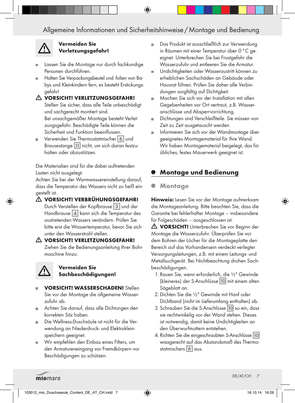 Montage und bedienung montage | Miomare Mixer Shower User Manual | Page 7 / 29