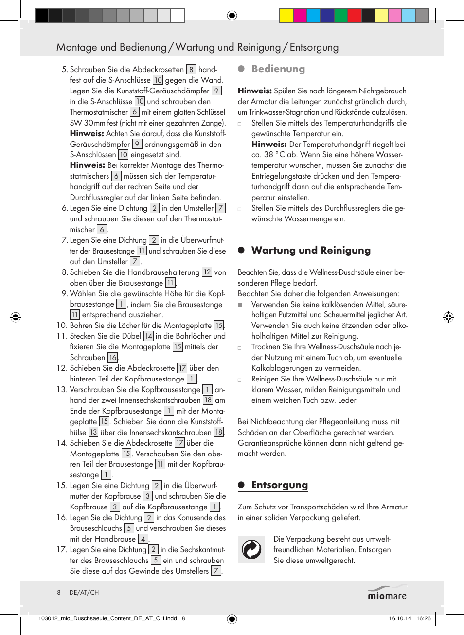 Bedienung, Wartung und reinigung, Entsorgung | Miomare Mixer Shower User Manual | Page 8 / 29