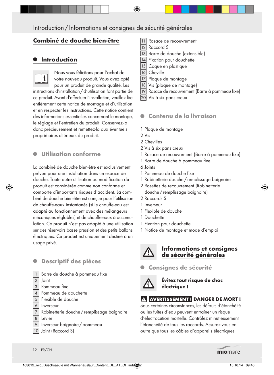 Combiné de douche bien-être introduction, Utilisation conforme, Descriptif des pièces | Contenu de la livraison | Miomare Mixer Shower User Manual | Page 12 / 29