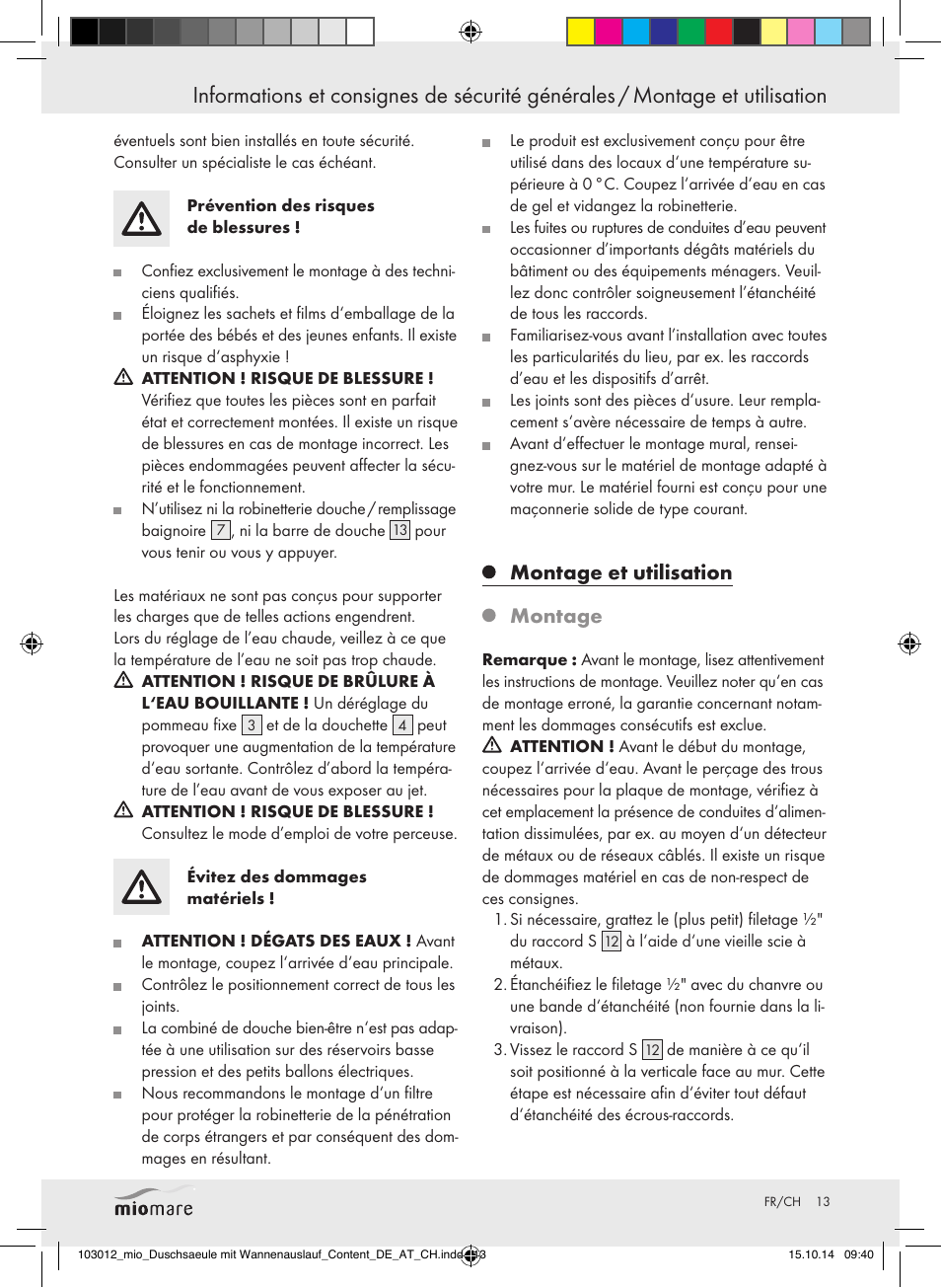 Montage et utilisation montage | Miomare Mixer Shower User Manual | Page 13 / 29