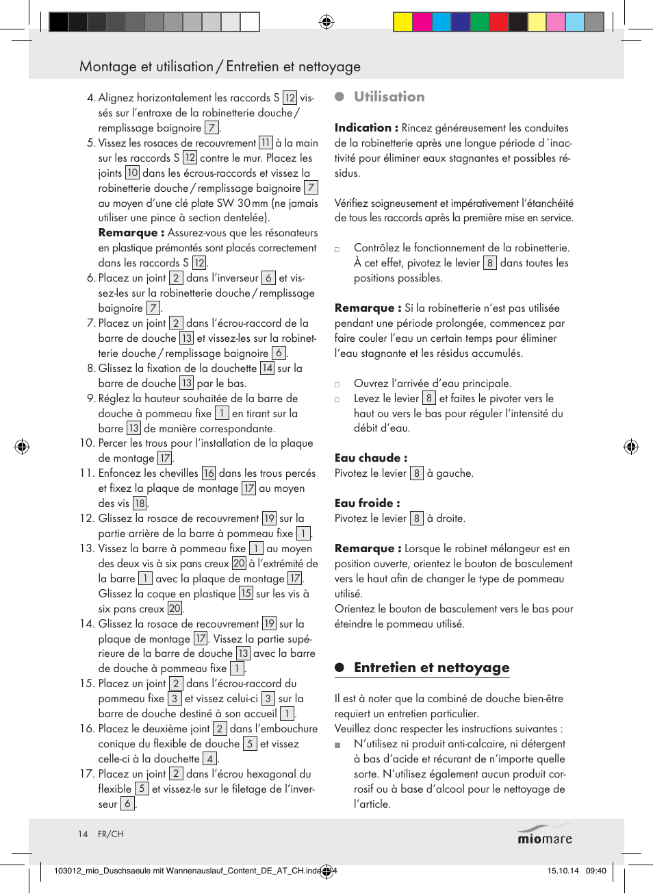 Utilisation, Entretien et nettoyage | Miomare Mixer Shower User Manual | Page 14 / 29