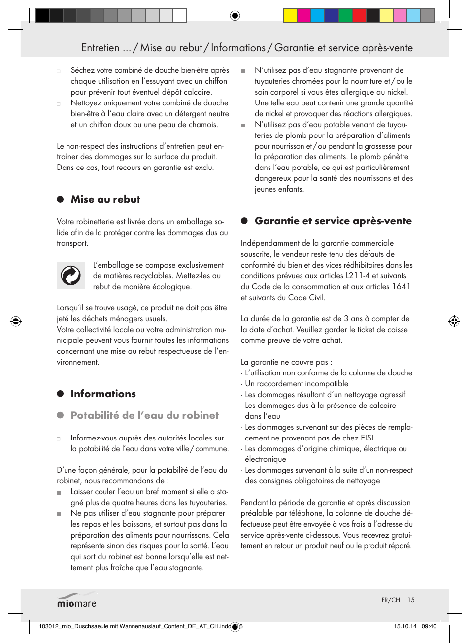 Mise au rebut, Informations potabilité de l’eau du robinet, Garantie et service après-vente | Miomare Mixer Shower User Manual | Page 15 / 29