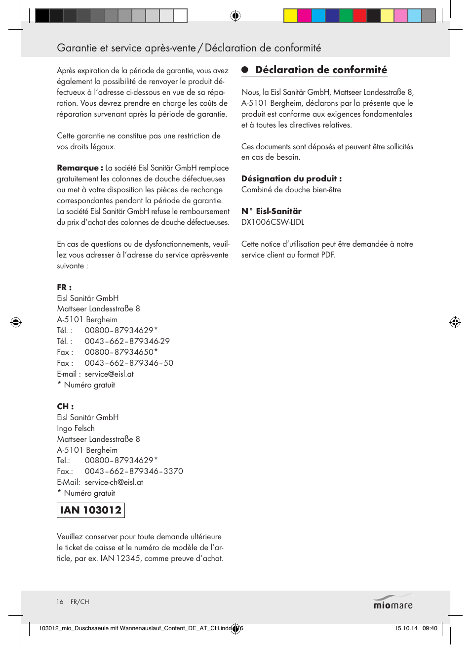 Indice, Déclaration de conformité | Miomare Mixer Shower User Manual | Page 16 / 29