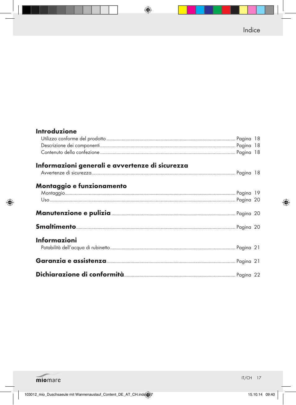 Indice | Miomare Mixer Shower User Manual | Page 17 / 29