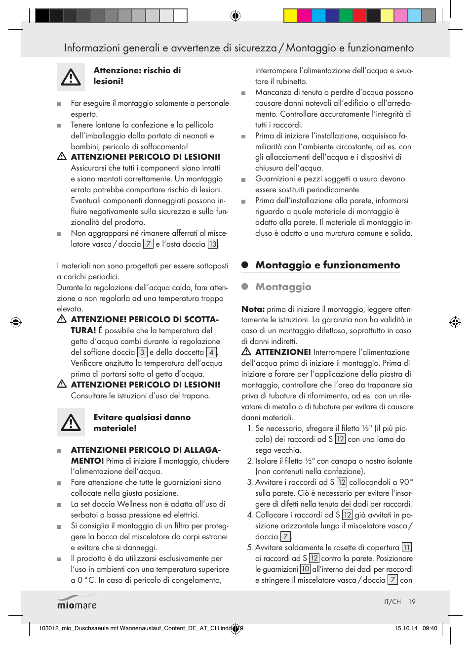 Montaggio e funzionamento montaggio | Miomare Mixer Shower User Manual | Page 19 / 29
