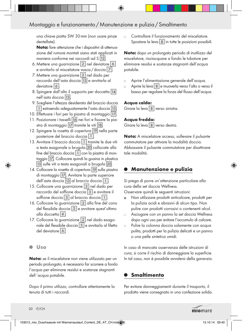 Manutenzione e pulizia, Smaltimento | Miomare Mixer Shower User Manual | Page 20 / 29