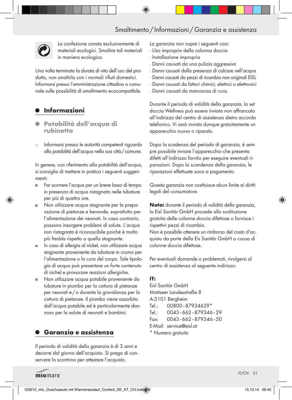 Informazioni potabilità dell‘acqua di rubinetto, Garanzia e assistenza | Miomare Mixer Shower User Manual | Page 21 / 29