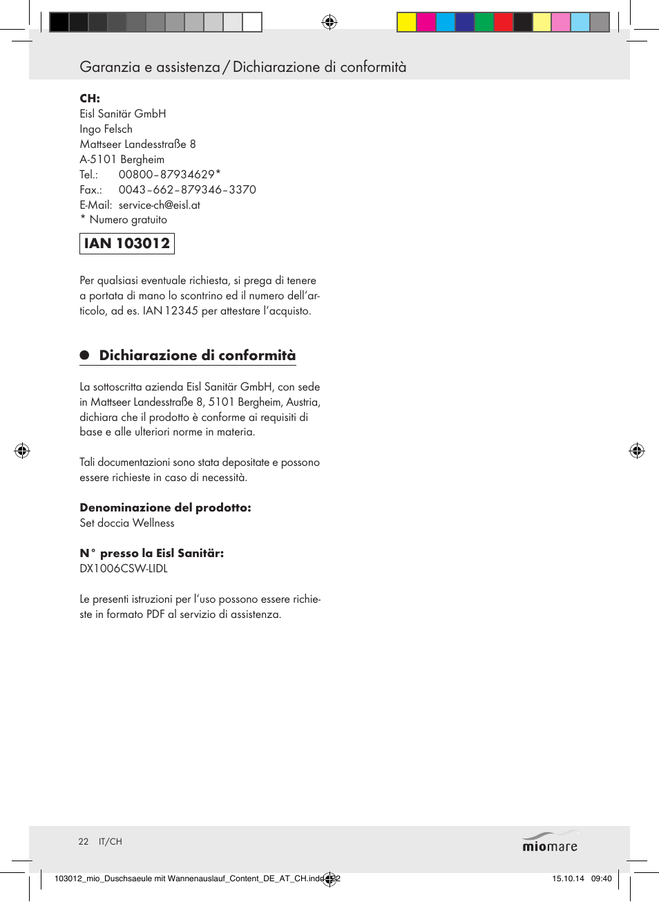 Miomare Mixer Shower User Manual | Page 22 / 29