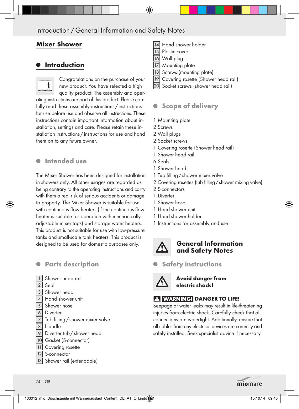 Mixer shower introduction, Intended use, Parts description | Scope of delivery | Miomare Mixer Shower User Manual | Page 24 / 29