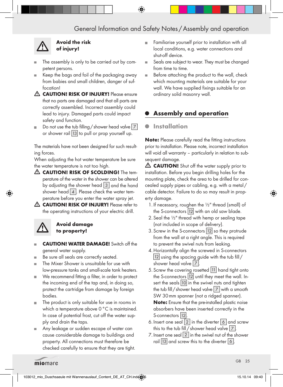 Assembly and operation installation | Miomare Mixer Shower User Manual | Page 25 / 29