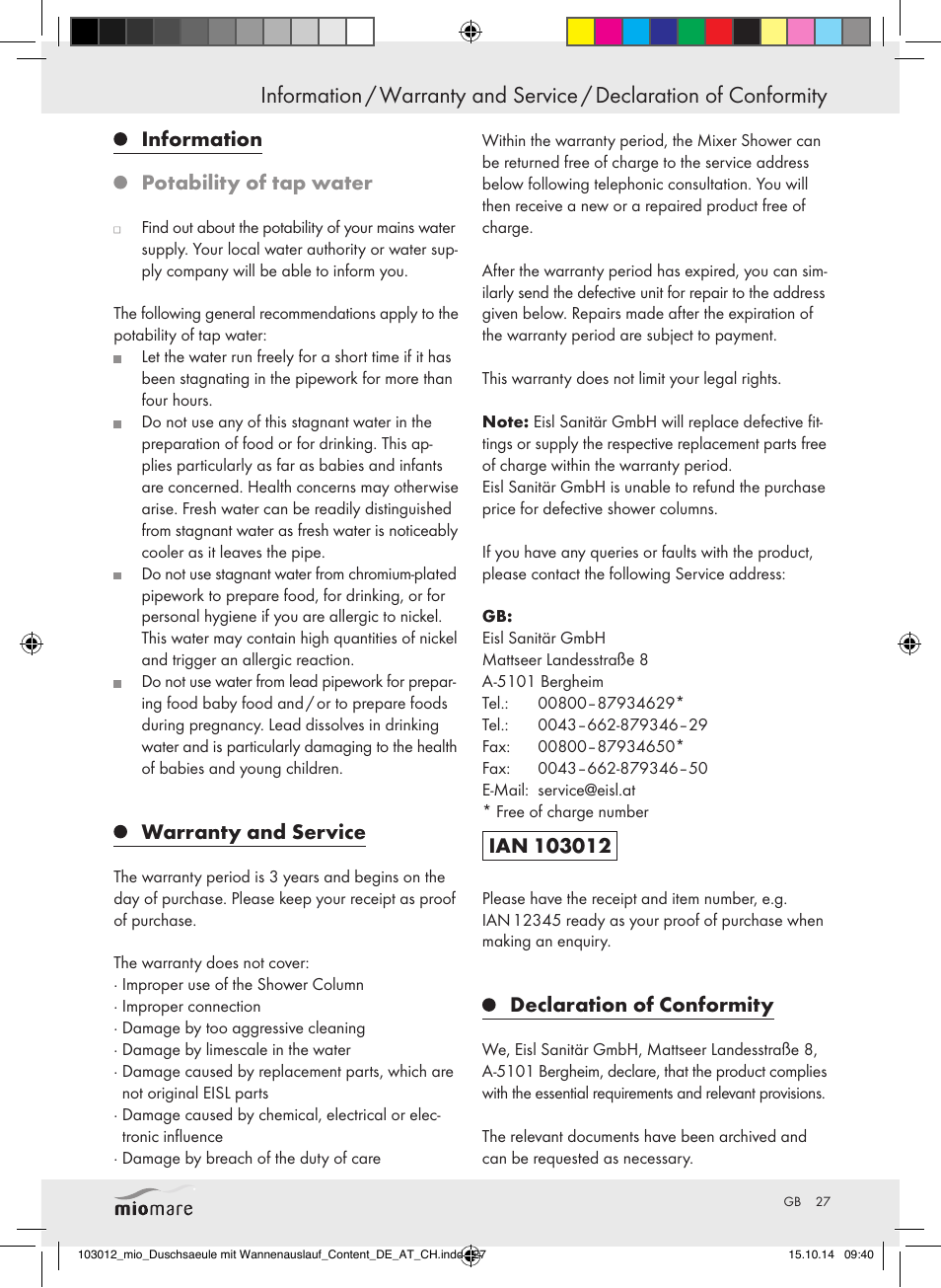 Information potability of tap water, Warranty and service, Declaration of conformity | Miomare Mixer Shower User Manual | Page 27 / 29